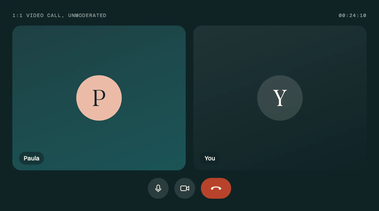 A one-to-one video call between Paula and you, unmoderated